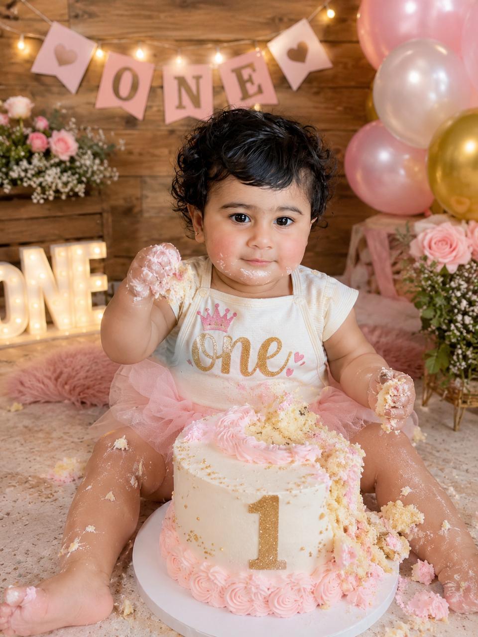 Mahveen enjoying her first birthday cake