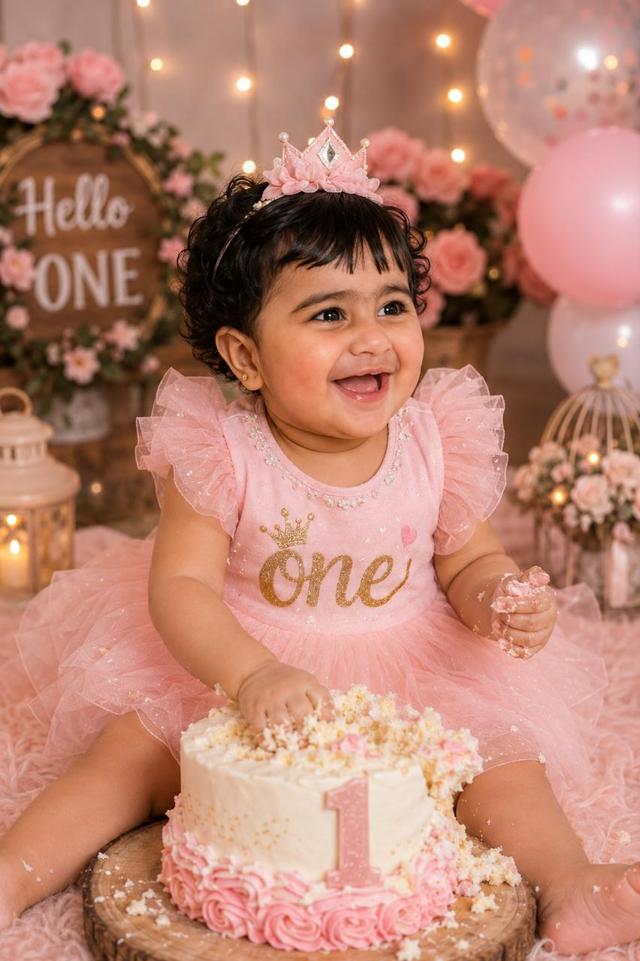 Mahveen laughing beside her first birthday cake